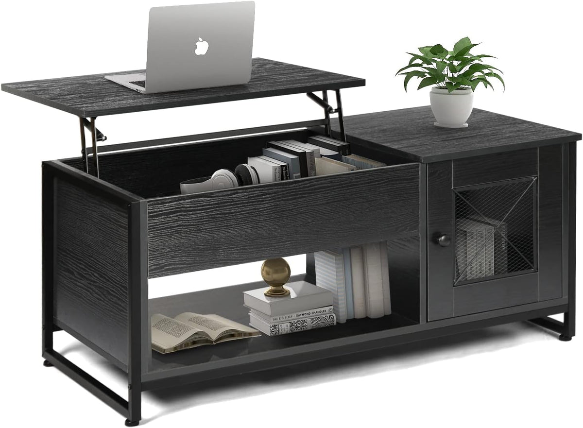 Industrial Lift Top Coffee Table with Metal Mesh Cabinet Door and Hidden Storage Compartment (Black Oak) J882