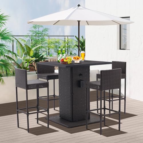 5-Piece Outdoor Wicker Bar Set with 4 Stools (Grey) I1553