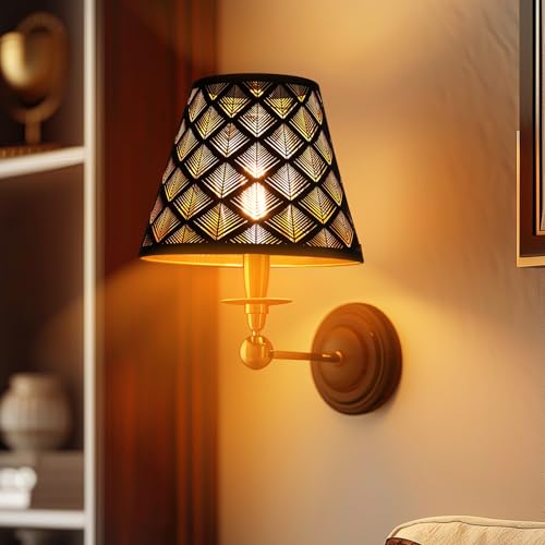 Metal Small Lamp Shade Etched Arrows 5" Top X 9" Bottom X 7" High Black Outside Gold Inside P7196