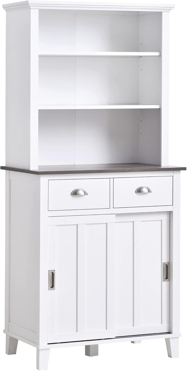 67 Freestanding Buffet with Hutch, Sliding Doors, Drawers and Open Shelves, Black O593