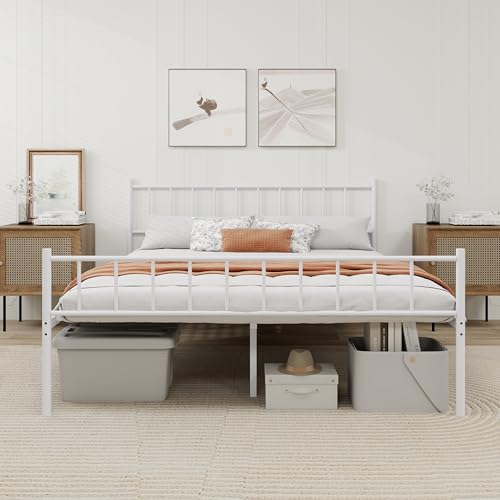 White Metal Platform Full Bed Frame with Headboard I245