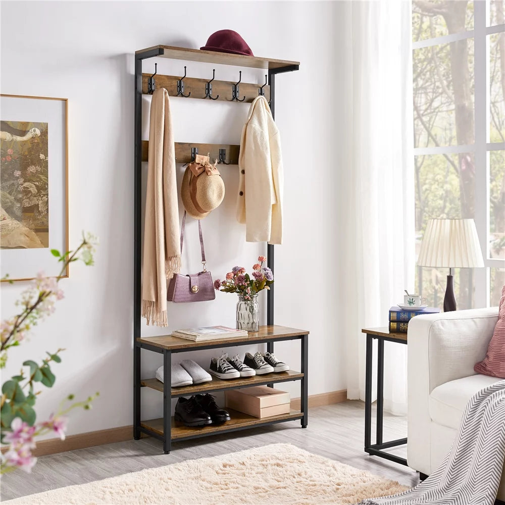 Industrial Entryway Hall Tree with Bench and Shoe Storage T3158