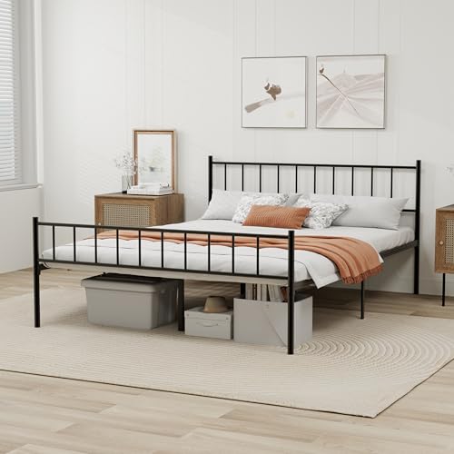 White Metal Platform Full Bed Frame with Headboard I245