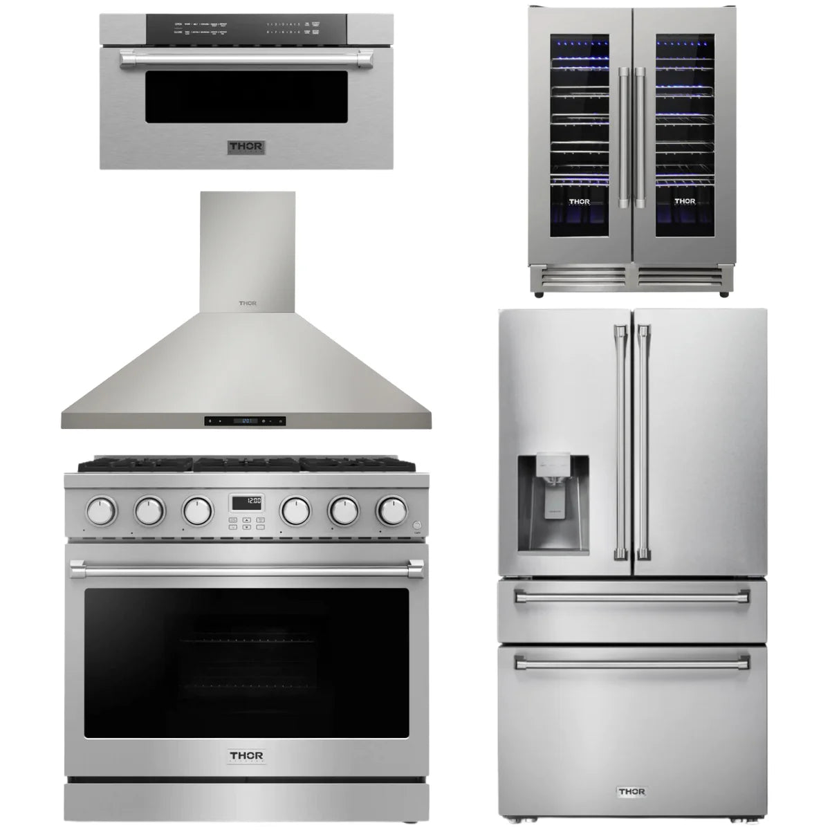 36 Gas Range, Range Hood, Refrigerator, Microwave and Wine Cooler X497593