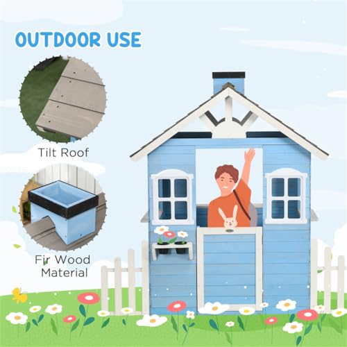 Wooden Playhouse with Bench, Door, 2 Windows, Shelf & Flowerpot Holder N778