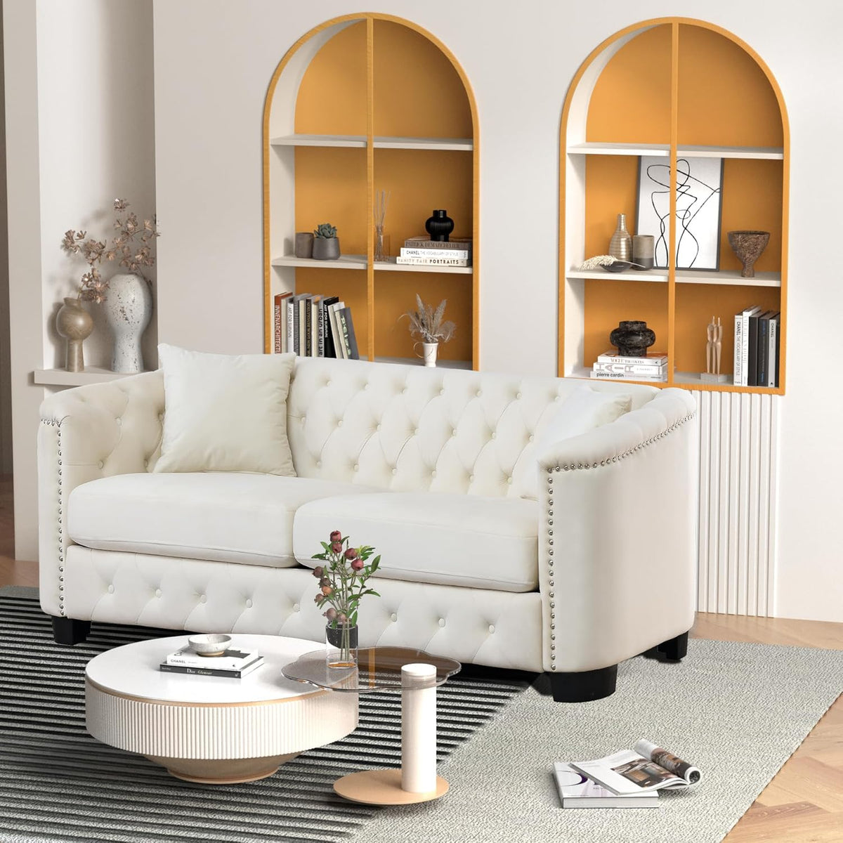 Beige Velvet 3-Seater Sofa with 2 Pillows E481