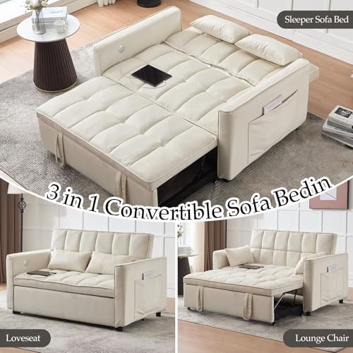 Light Grey Velvet Convertible Sleeper Sofa Couch Bed with USB O49238