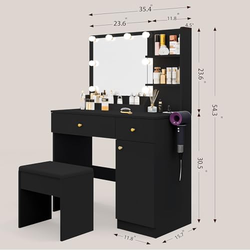 White Vanity Desk with Mirror and Lights Dimmable LED Makeup Table with Drawers Side Cabinet 3 Storage Shelves Power Outlet Dressing Table Set Include Holder Cushioned Stool G489