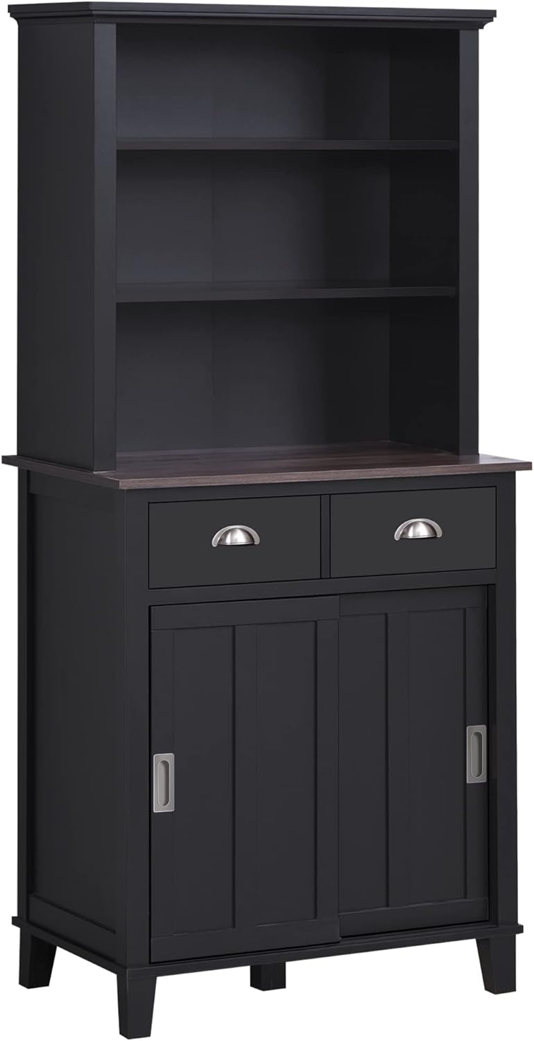 67 Freestanding Buffet with Hutch, Sliding Doors, Drawers and Open Shelves, Black O593