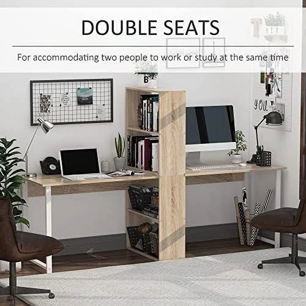 88" 2-Person Computer Desk with Shelves Natural Wood X28907