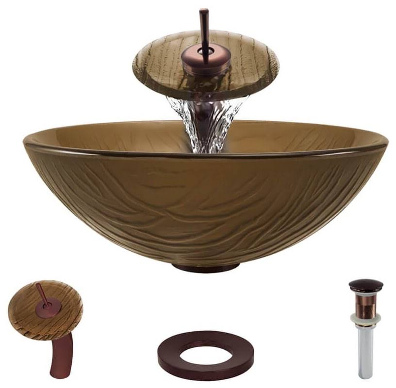 Beach Sand Glass Vessel Bathroom Sink with Oil Rubbed Bronze Waterfall Faucet K60959