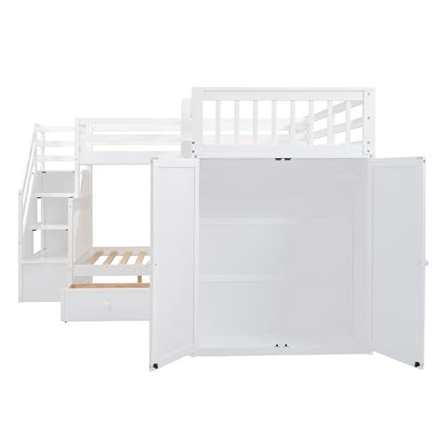 Espresso Wood Twin-Over-Full Triple Bunk Beds with Stairs, Desk, Wardrobe, Storage, Shelves and Drawers R891