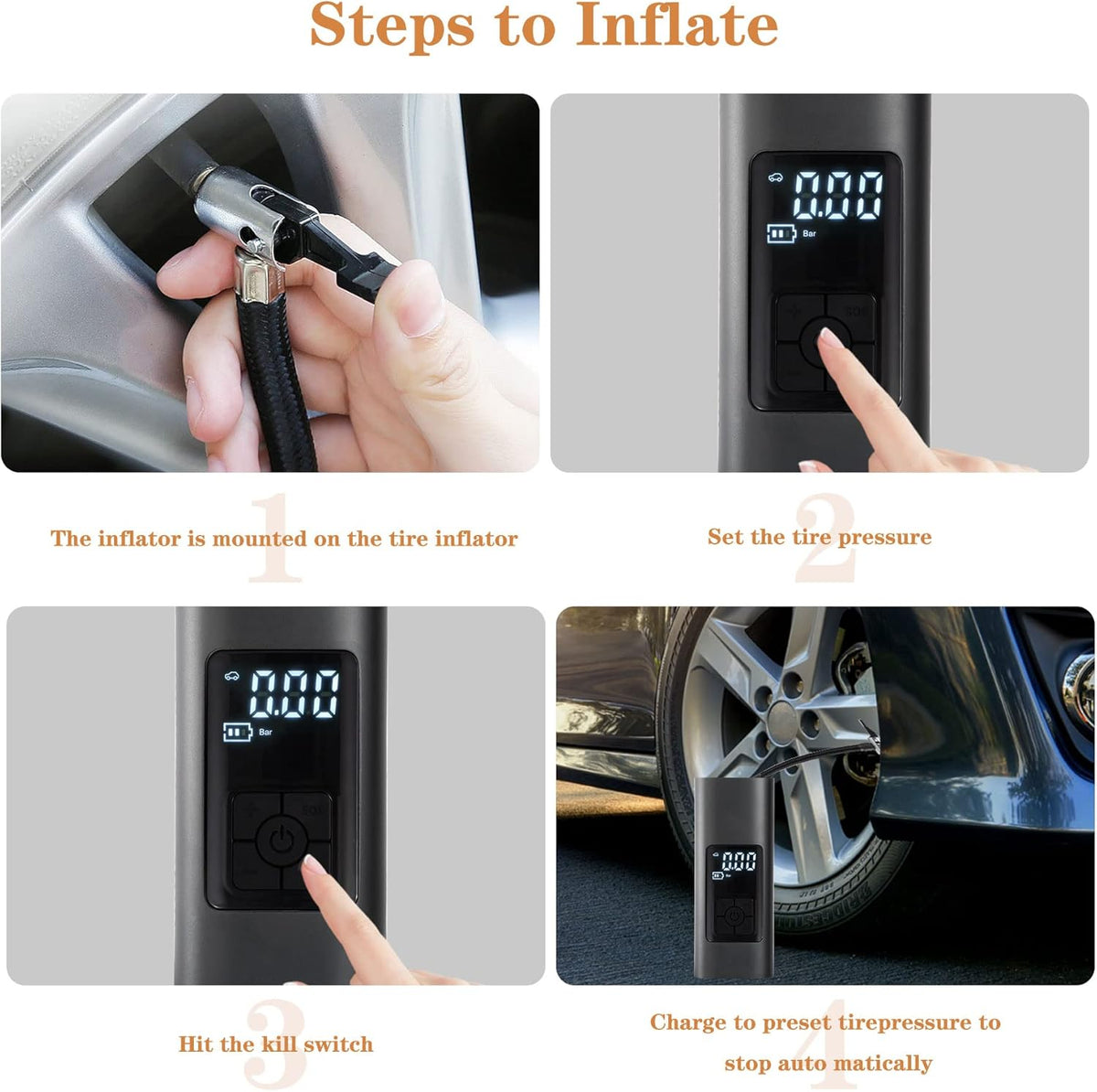 150PSI Portable Wireless Tire Air Inflator with 6000mAh Rechargeable Battery, Pack of 2 H30297