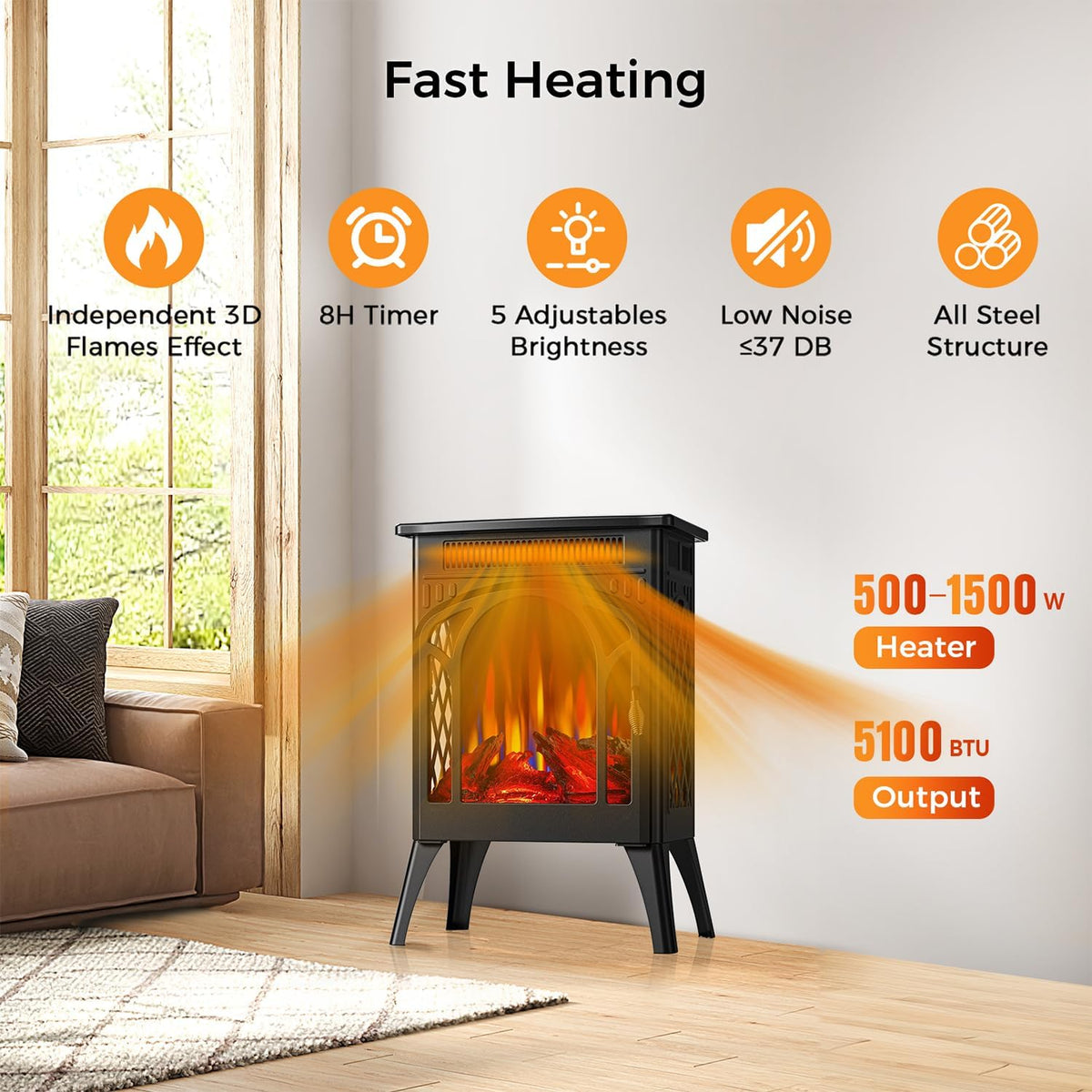 Electric Fireplace Stove, 1500W, 17" Infrared Heater, Remote Control, 8H Timer Y855071