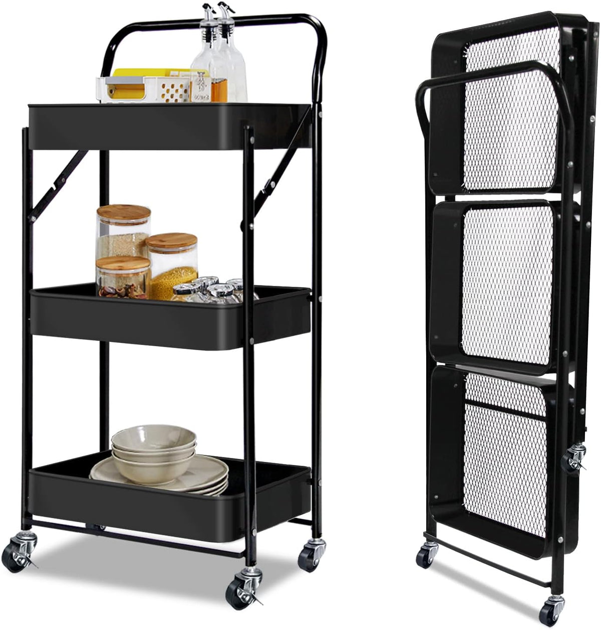 3-Tier Collapsible Rolling Utility Cart with Lockable Casters A144480