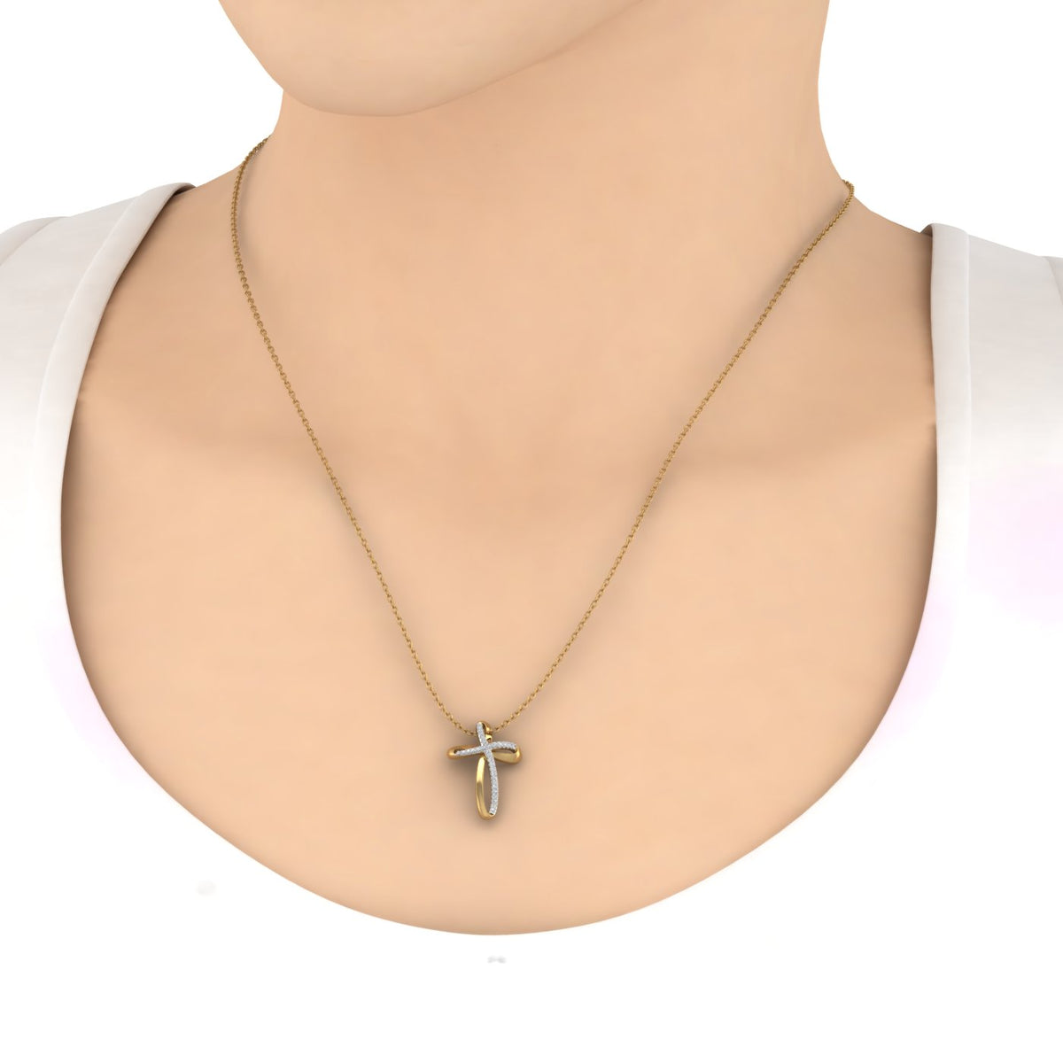 18K Yellow Gold over Sterling Silver Round Diamond Cross Pendant Necklace Y82759