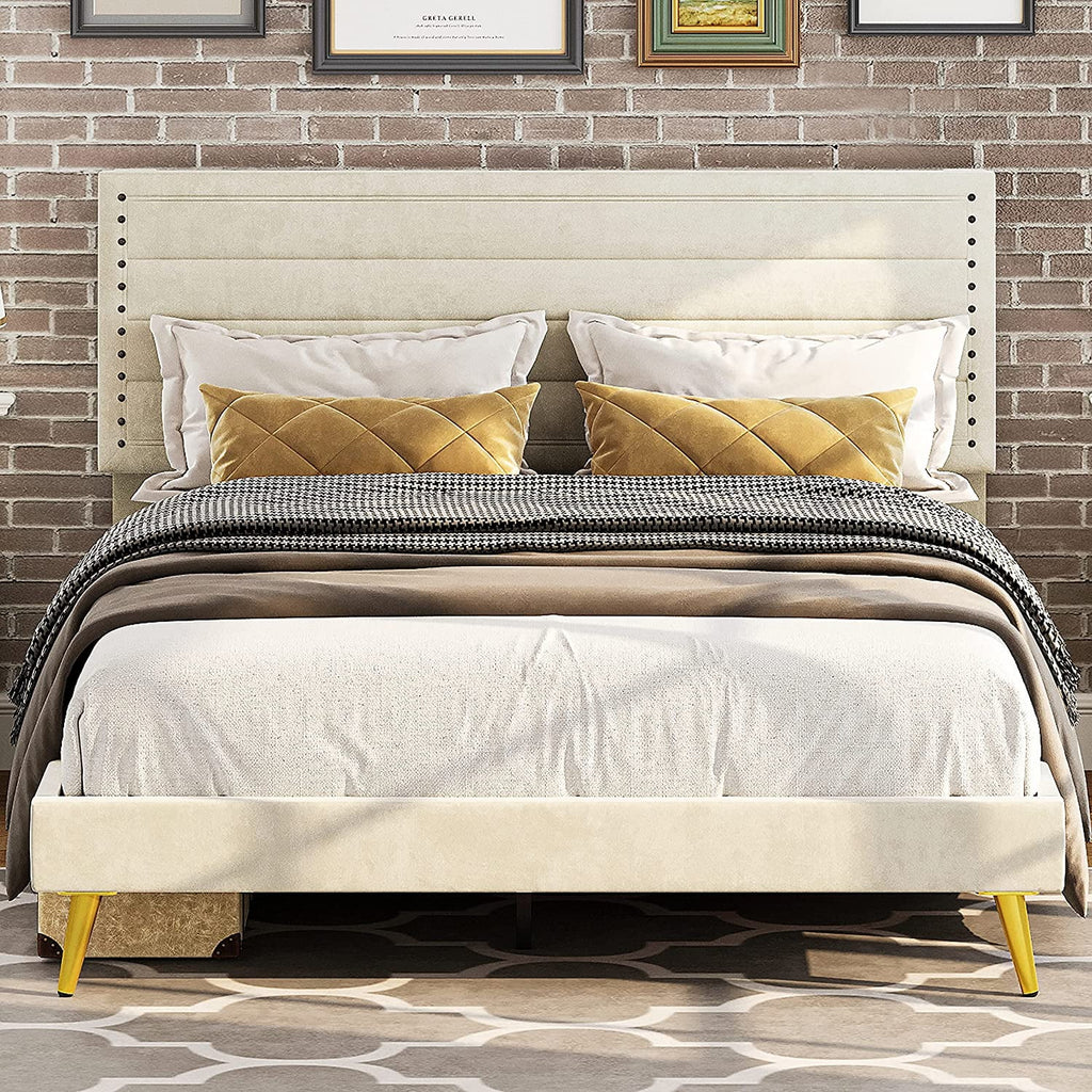 Beige Upholstered Wood Twin Bed Frame L855