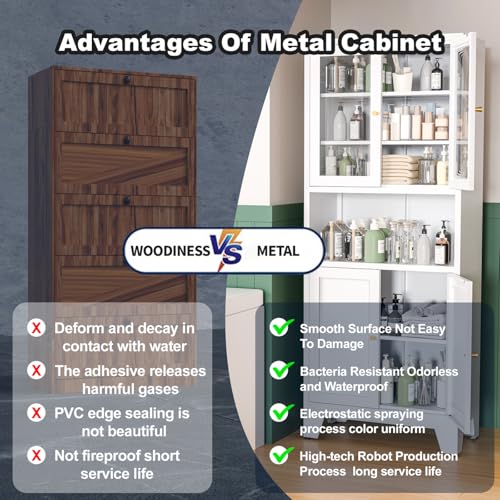 Tall White Metal Storage Cabinet with 3 Adjustable Shelves and 2 Doors B4890