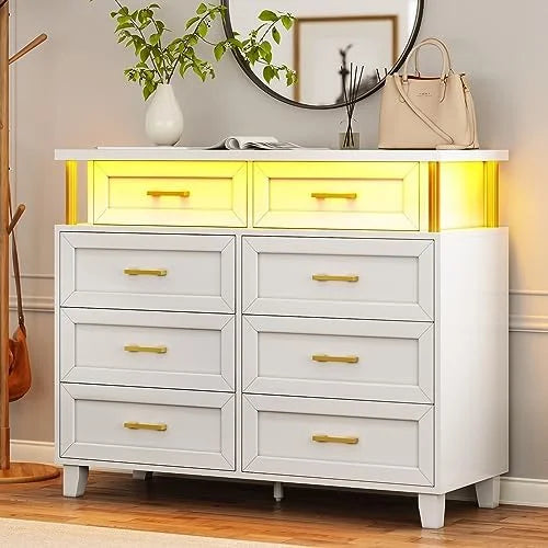 White 8 Drawer Led Dresser N7120