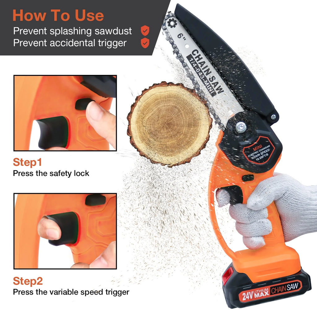 6 Mini Chainsaw Cordless Handheld Chain Saw with 2 Batteries 2 Chains T9911