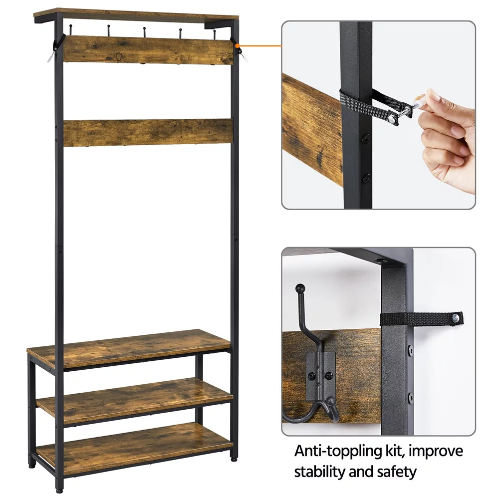Industrial Entryway Hall Tree with Bench and Shoe Storage T3158