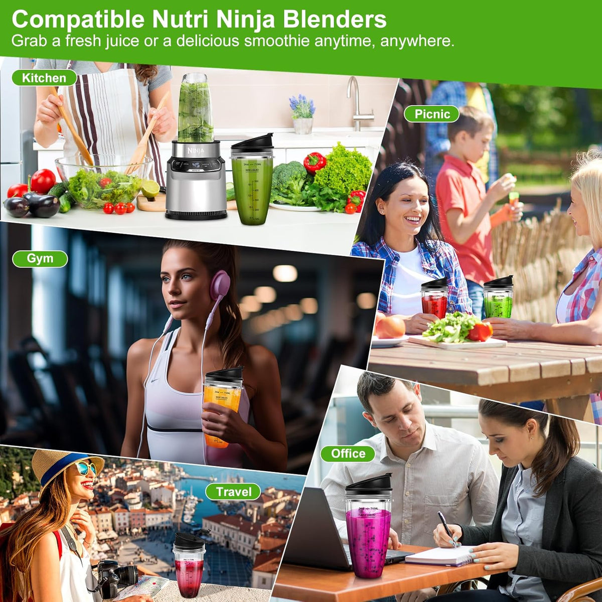 2 24oz Blender Cups with To-Go Lids and 7-Fins Extractor Blade J4606