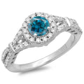 14K Gold Round Blue & White Diamond Bridal Engagement Halo Ring T73544