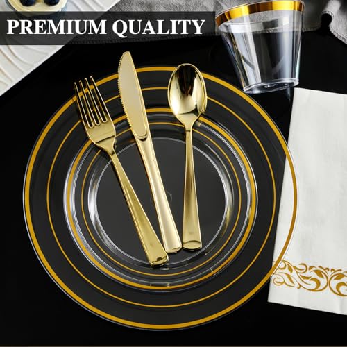Clear 350 Count Plastic Dinnerware Set with Gold Rim Y36159