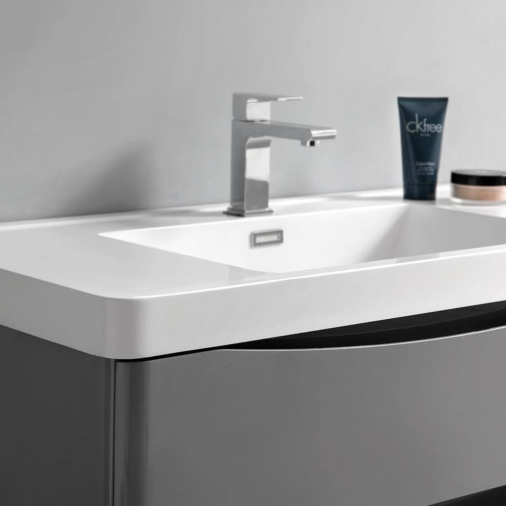 Glossy Gray Wall Hung Bathroom Cabinet with Integrated Sink F580