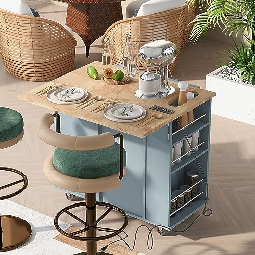 Wood Kitchen Island Cart with Locking Wheels and Wine Rack I65597