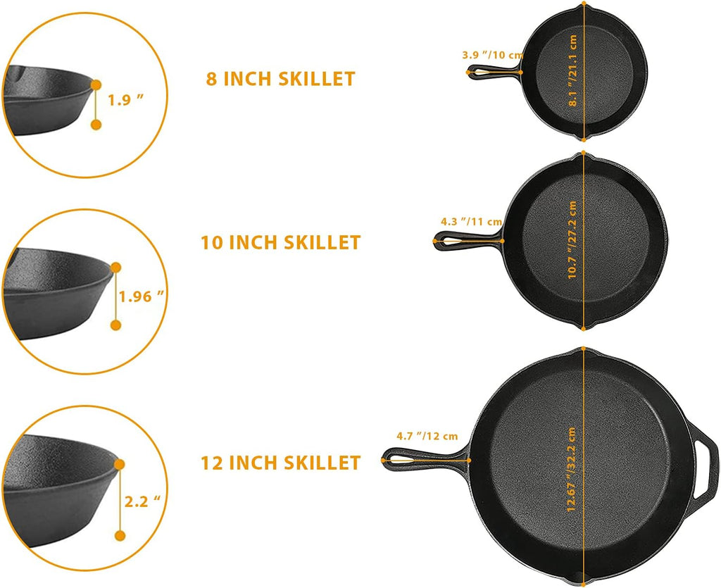Cast Iron Skillet 3-Pack Set (8, 10, 12) Pre-Seasoned Cookware R199663