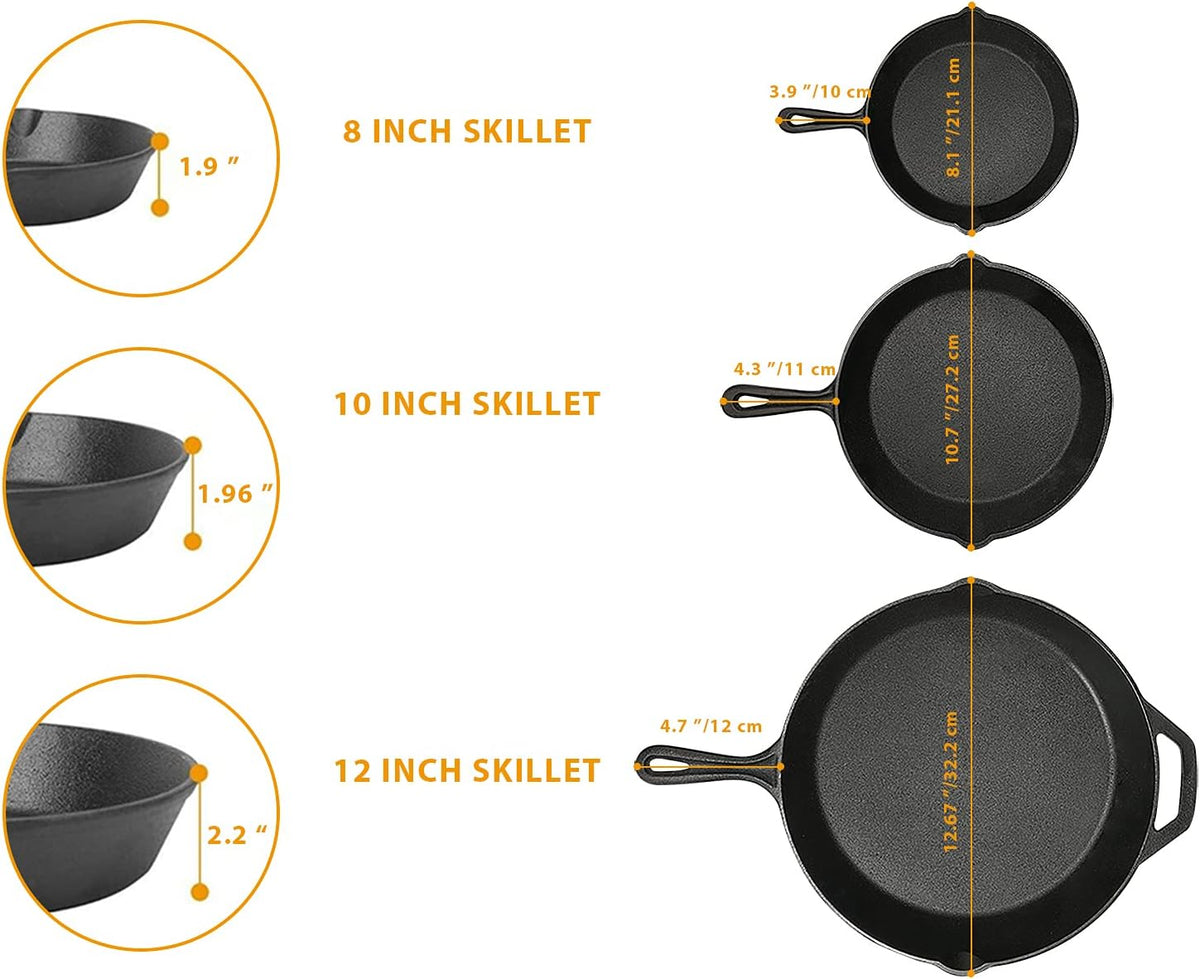 Cast Iron Skillet 3-Pack Set (8, 10, 12) Pre-Seasoned Cookware R199663