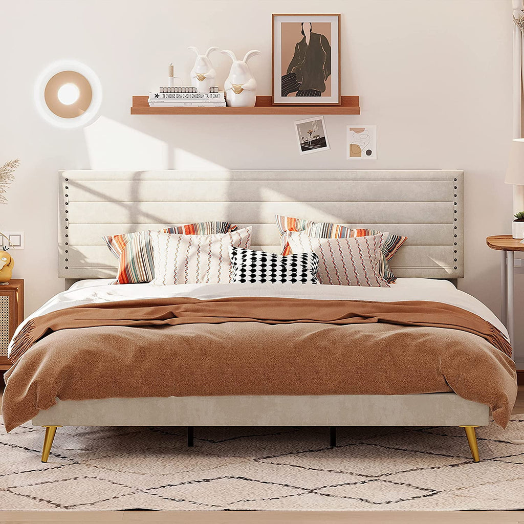 Beige Upholstered Wood Twin Bed Frame L855
