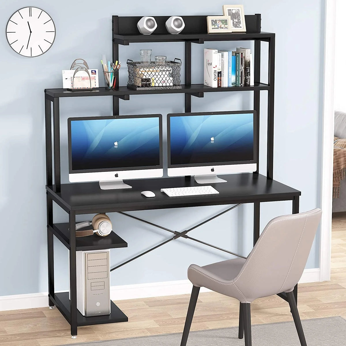 Black Medium Computer Desk with Storage Hutch Shelf L205559