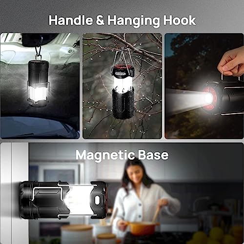 2 Pack Collapsible LED Camping Lantern, USB C Rechargeable Battery Powered Emergency Light with Flashlight and Magnetic Base, Black A9460