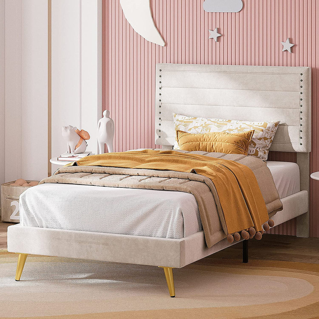 Beige Upholstered Wood Twin Bed Frame L855