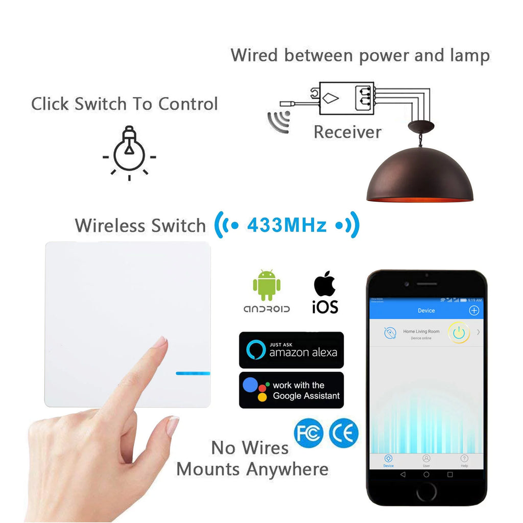 Smart Light Switch WiFi Wall Wireless 1-gang Switch with 2x WIFI Receiver D89752