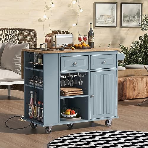 Wood Kitchen Island Cart with Locking Wheels and Wine Rack I65597