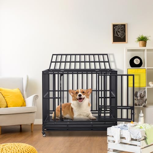 42" Large Metal Wire Dog Crate with Lockable Wheels, Double Door H4309
