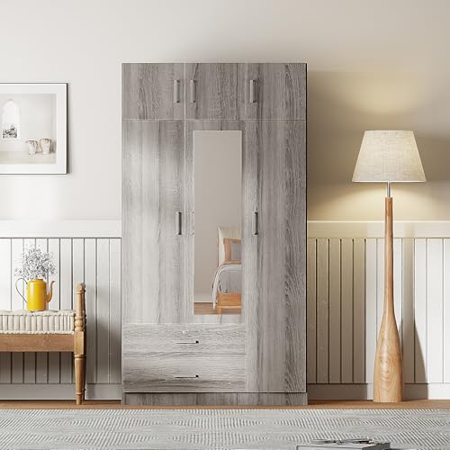 6-Door Wooden Armoire Wardrobe Closet with Mirror, 2 Drawers, 1 Hanging Rod V78798