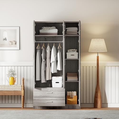6-Door Wooden Armoire Wardrobe Closet with Mirror, 2 Drawers, 1 Hanging Rod V78798