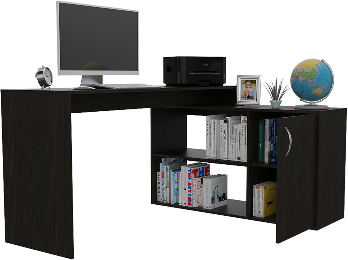 Black L Shaped Computer Desk with Drawers and Storage Cabinet Shelves, 55 Inch O658