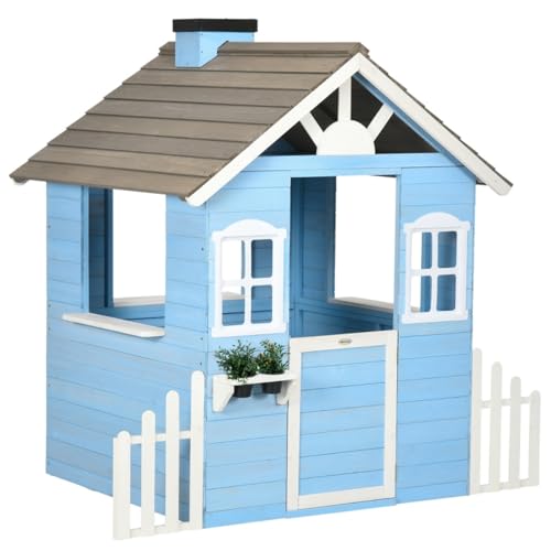 Wooden Playhouse with Bench, Door, 2 Windows, Shelf & Flowerpot Holder N778