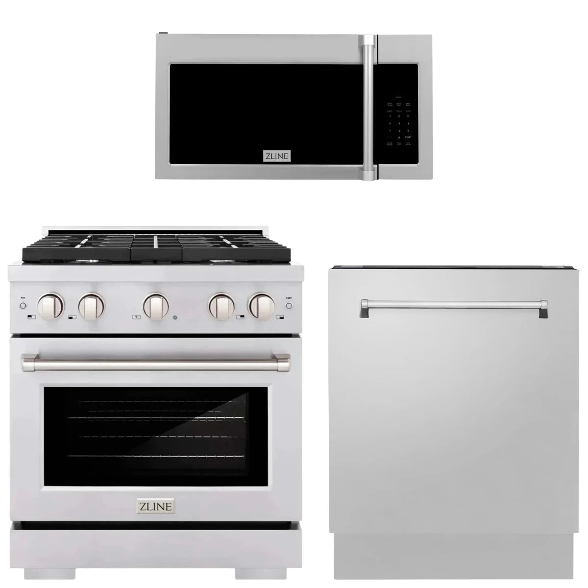 30 in. Stainless Steel Gas Range Microwave and Dishwasher Package E402
