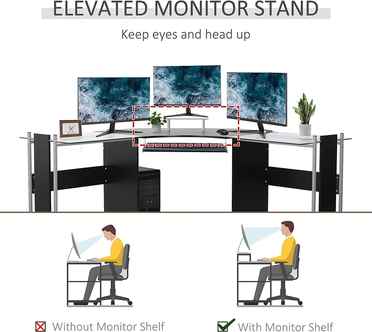 69" L-Shaped Tempered Glass Computer Desk with Monitor Stand S74969