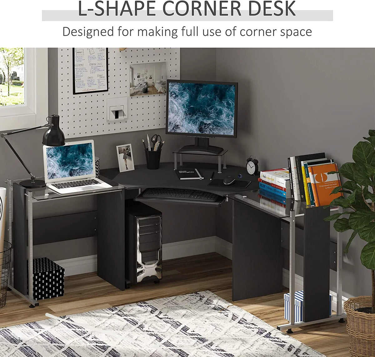 69" L-Shaped Tempered Glass Computer Desk with Monitor Stand S74969