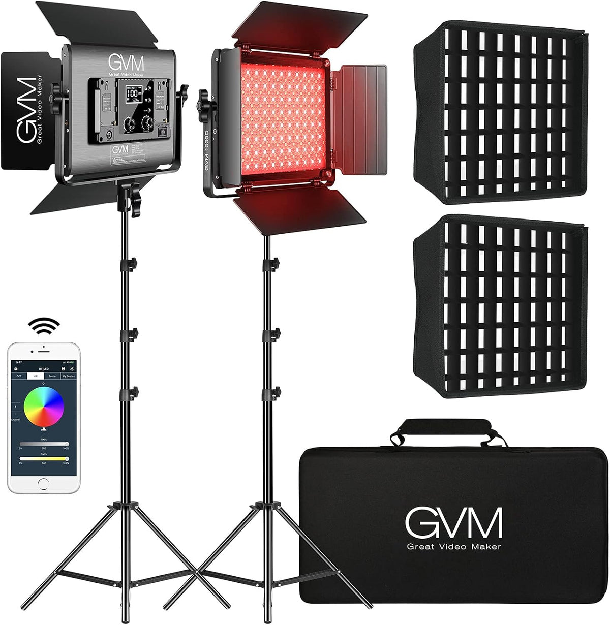 RGB LED Video Light with 2 Softboxes, Photography Lighting Kit Y240710