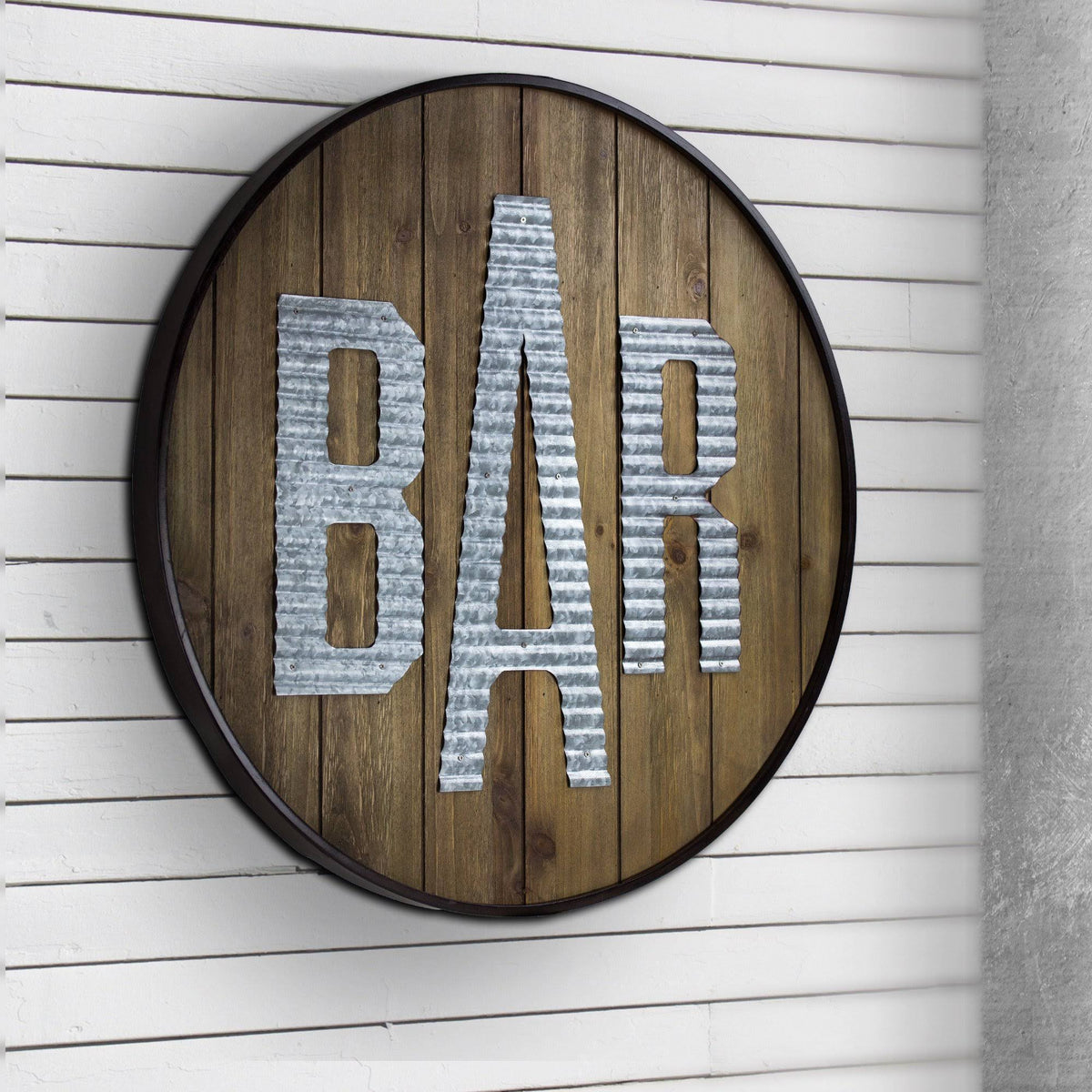 Round Rustic Wood Galvanized Metal Bar Sign M76960