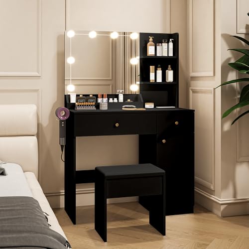 White Vanity Desk with Mirror and Lights Dimmable LED Makeup Table with Drawers Side Cabinet 3 Storage Shelves Power Outlet Dressing Table Set Include Holder Cushioned Stool G489