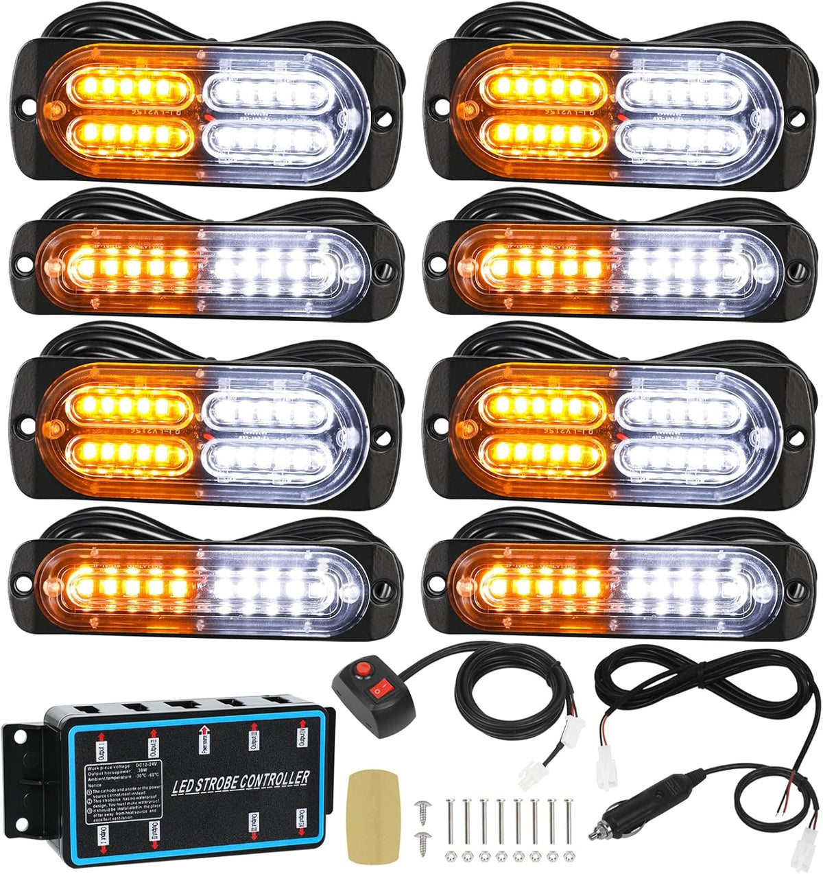 8pcs Amber & White Surface Mount Strobe Light with Strobe Controller and Wiring Harness D751